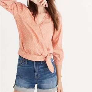 Madewell Coral Orange Peach Wrap Scattered Star Blouse Top Size L G7804
